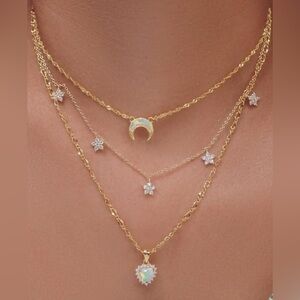 Luxe Gold Tone Cubic Zirconia Heart Moon Multilayer Necklace